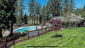 Um imóvel residencial com piscina, rodeado por altas pinhas e um gramado bem cuidado.