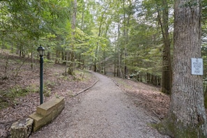 A forest trail with a gravel path, surrounded by trees and a 'NO VEHICLES BEYOND THIS POINT' sign.
