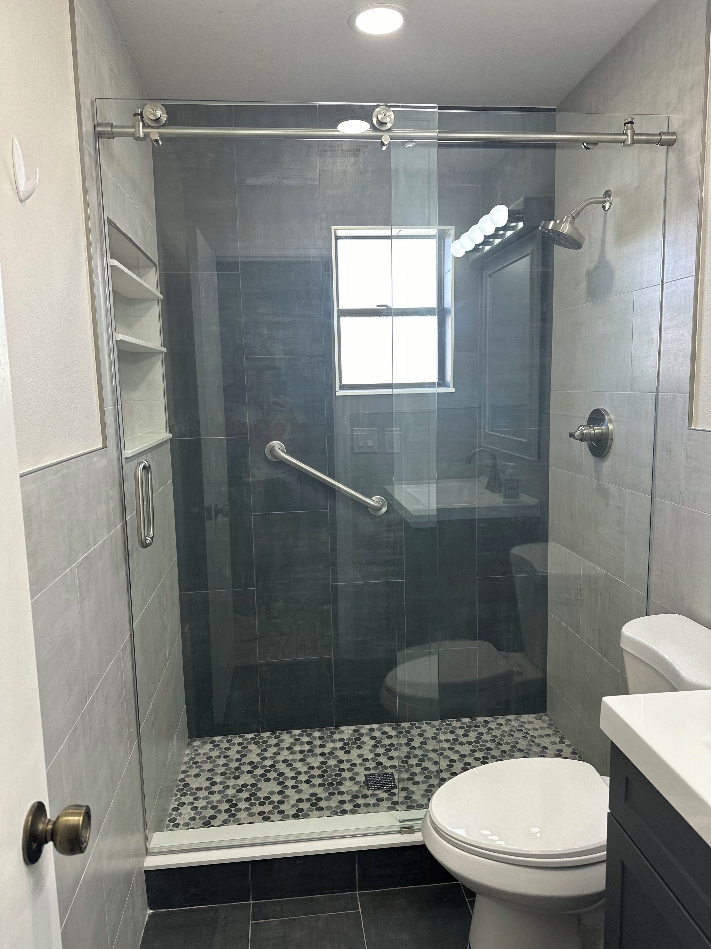 Shower, towels, soap, shampoo