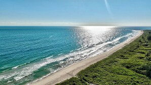 A coastal beach with a clear view of the ocean, a sandy shoreline, and lush greenery.