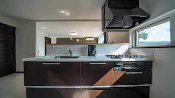 Fridge, microwave, stovetop, electric kettle