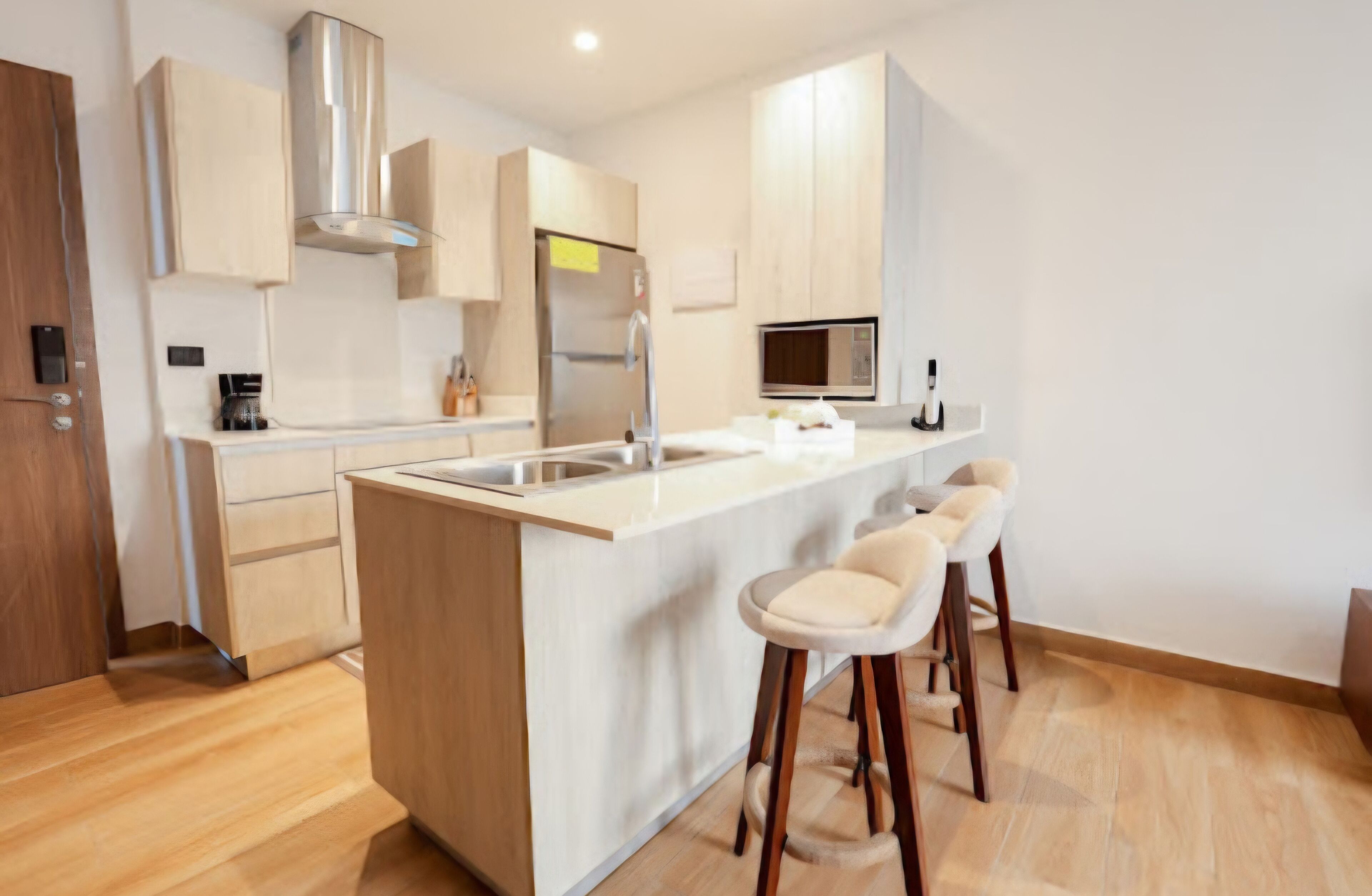 Fridge, microwave, stovetop, coffee/tea maker