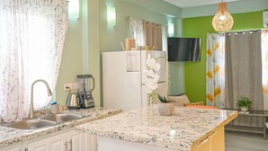 Eine Küche mit Granitarbeitsplatten, einem Kühlschrank, einer Kaffeemaschine und einer Orchidee im Topf.