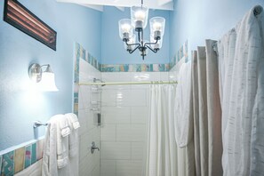 Hair dryer, towels, soap, toilet paper