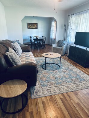 Smart TV, fireplace, books