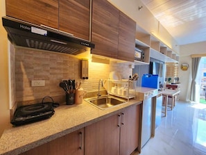 Kühlschrank, Mikrowelle, Herdplatte, Toaster