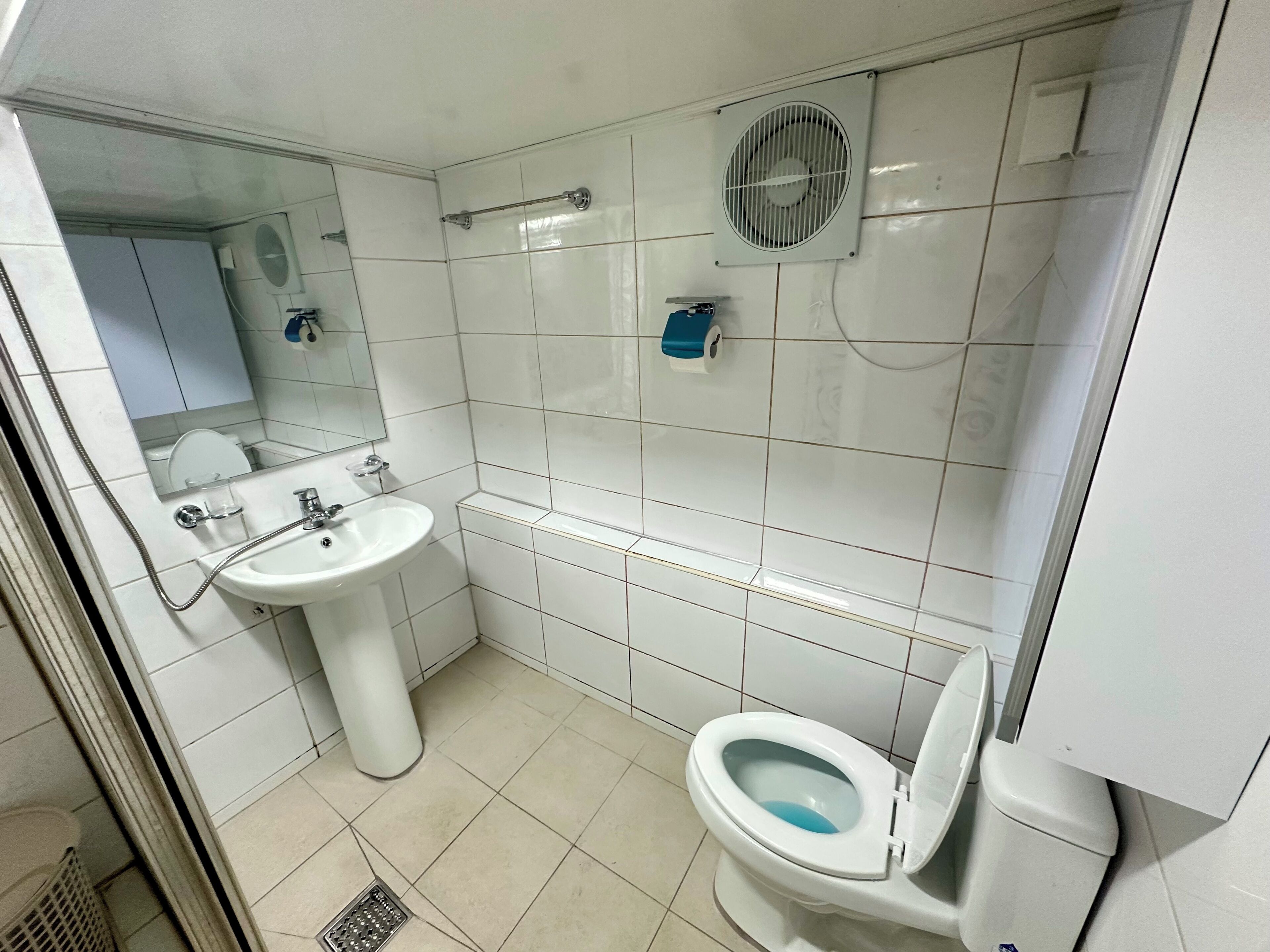 Hair dryer, towels, soap, shampoo