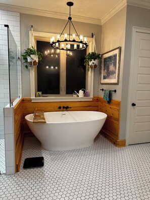 Hair dryer, bidet, towels, soap