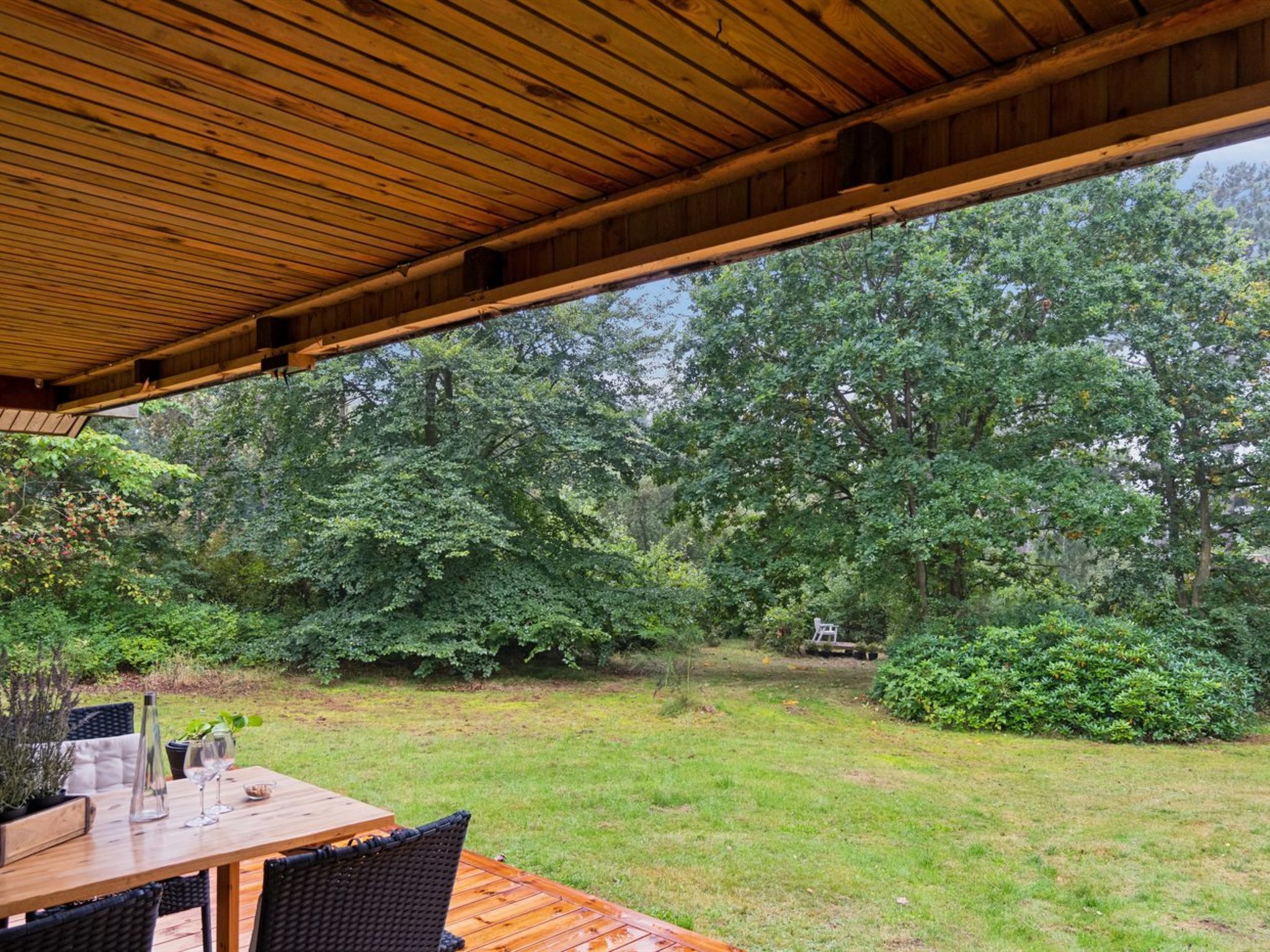 Una terraza de madera al aire libre con una mesa y sillas, rodeada de abundante vegetación y árboles.