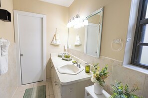 Hair dryer, towels, soap, shampoo