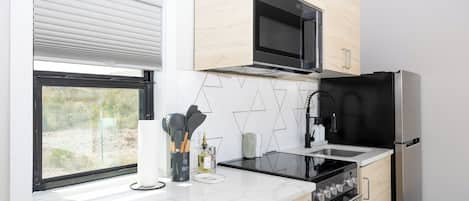 Departamento económico, cocina, vista a la montaña | Cocina privada | Refrigerador, microondas, horno y parrilla de estufa