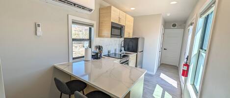 Apartamento económico, cocina, vistas a la montaña | Cocina privada | Frigorífico, microondas, horno y placa de cocina