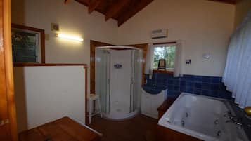 Shower, jetted tub, hair dryer, towels