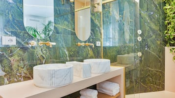 Hair dryer, towels, soap, shampoo