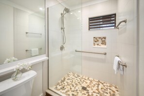 Hair dryer, towels, soap, shampoo