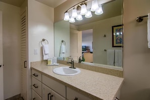 Hair dryer, towels, soap, shampoo