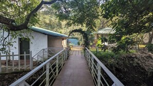 A pathway leading to a rustic building with a green roof, surrounded by lush greenery and a wooden fence. - Tentgram Plantation Hostel Suryanelli  (Devikolam)