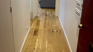 A narrow hallway with wooden flooring, a grey sofa in the background, and a red door on the right. - The blue tide  (Nice)