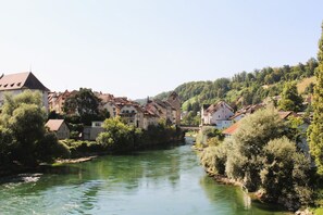 A river flowing through a town with buildings on both sides. - ReMo I Aare view I Business - Family - Terrace (Brugg)