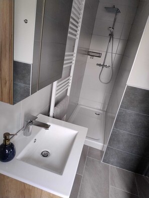 Regadera, secadora de cabello, papel de baño 