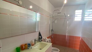 Ein Badezimmer mit Waschbecken, Spiegel, Dusche und Toilette.