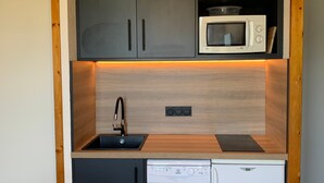 Une cuisine compacte équipée d’un four à micro-ondes, d’un lave-vaisselle et d’un évier.
