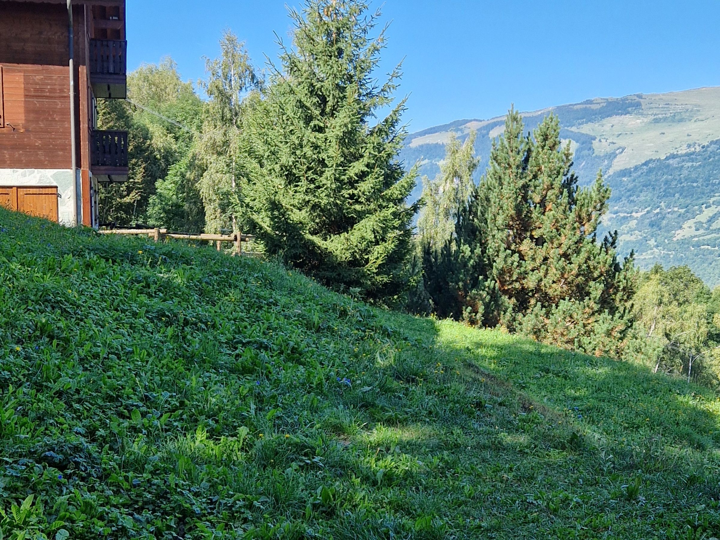 A hillside with a wooden cabin and a view of a mountain range.