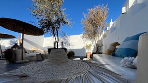 A sunlit outdoor seating area with a woven rug, lounge chairs, and potted plants. - RIAD MALAÏKA (Essaouira)