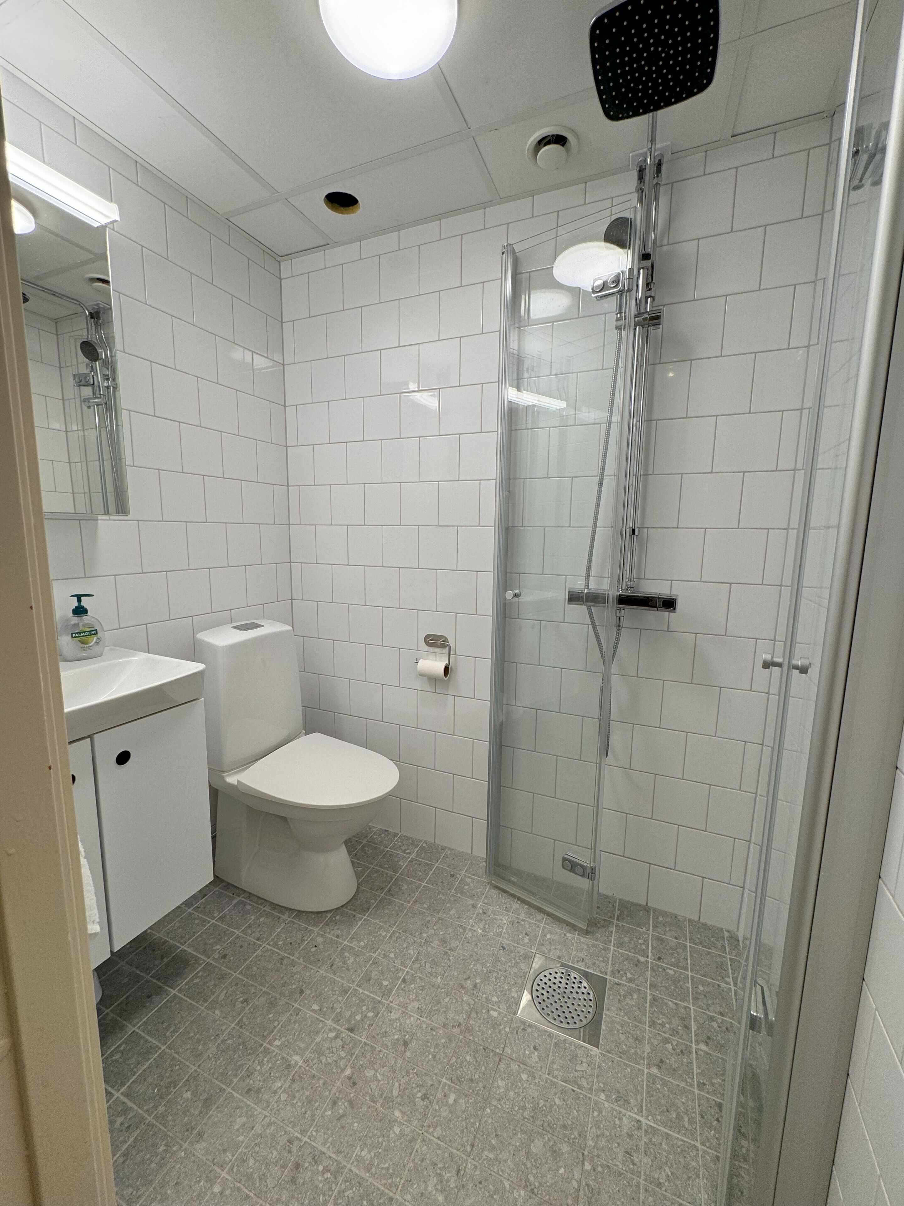 Shower, hair dryer, slippers, towels