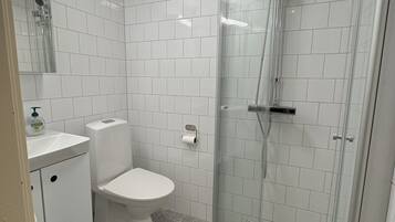 Shower, hair dryer, slippers, towels