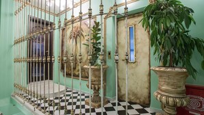A hallway with a checkered floor, a metal gate, a potted plant, and a door with a blue window. - Juan Rodriguez Hacienda (Athens)