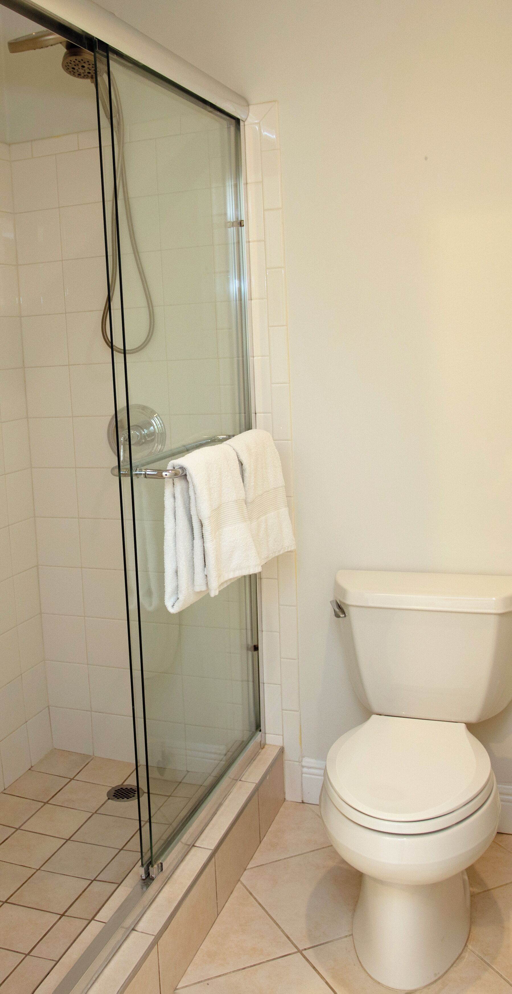 Un baño con ducha envuelta en vidrio, inodoro blanco y toallero con una toalla doblada.