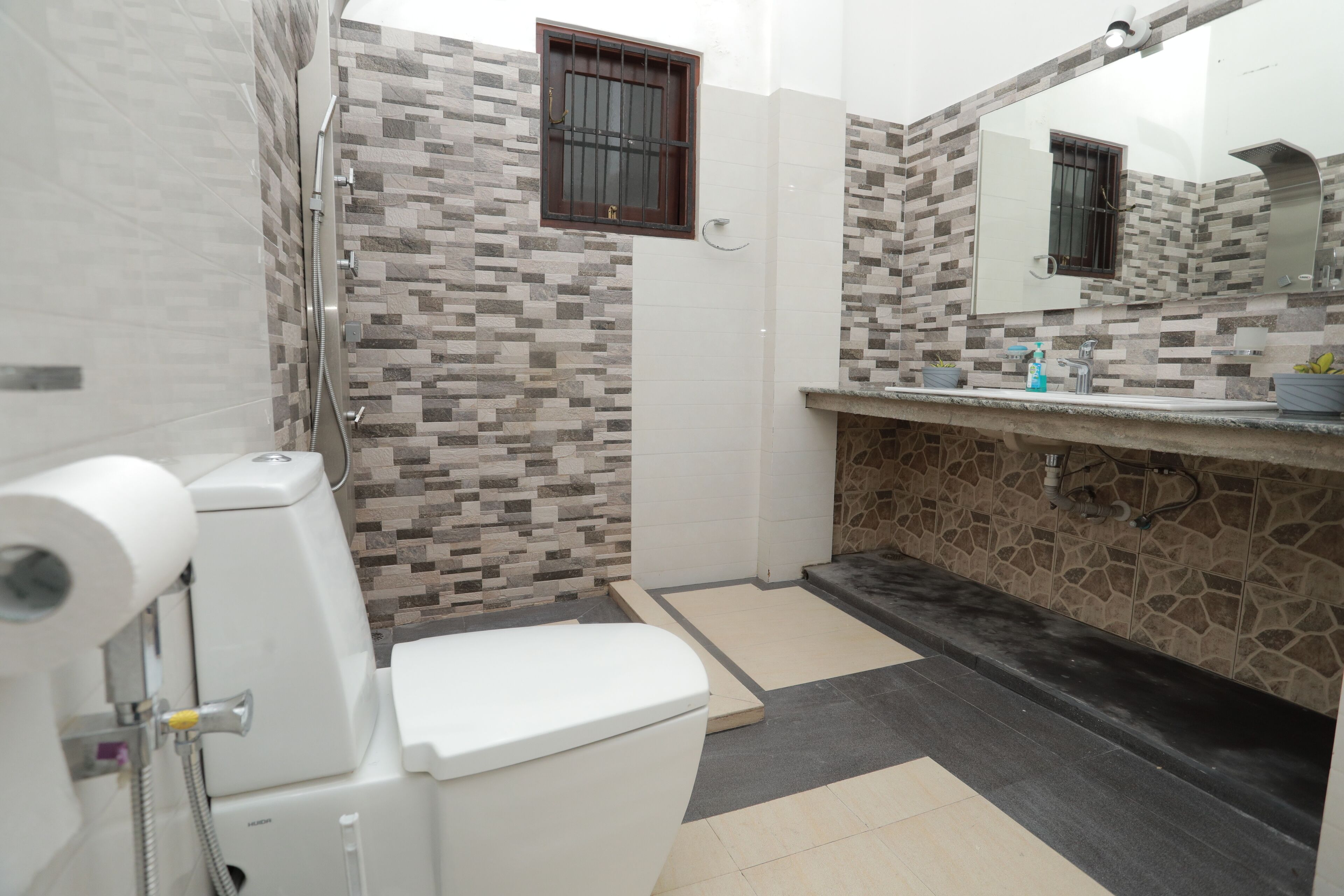Een badkamer met toilet, douche en wastafel.