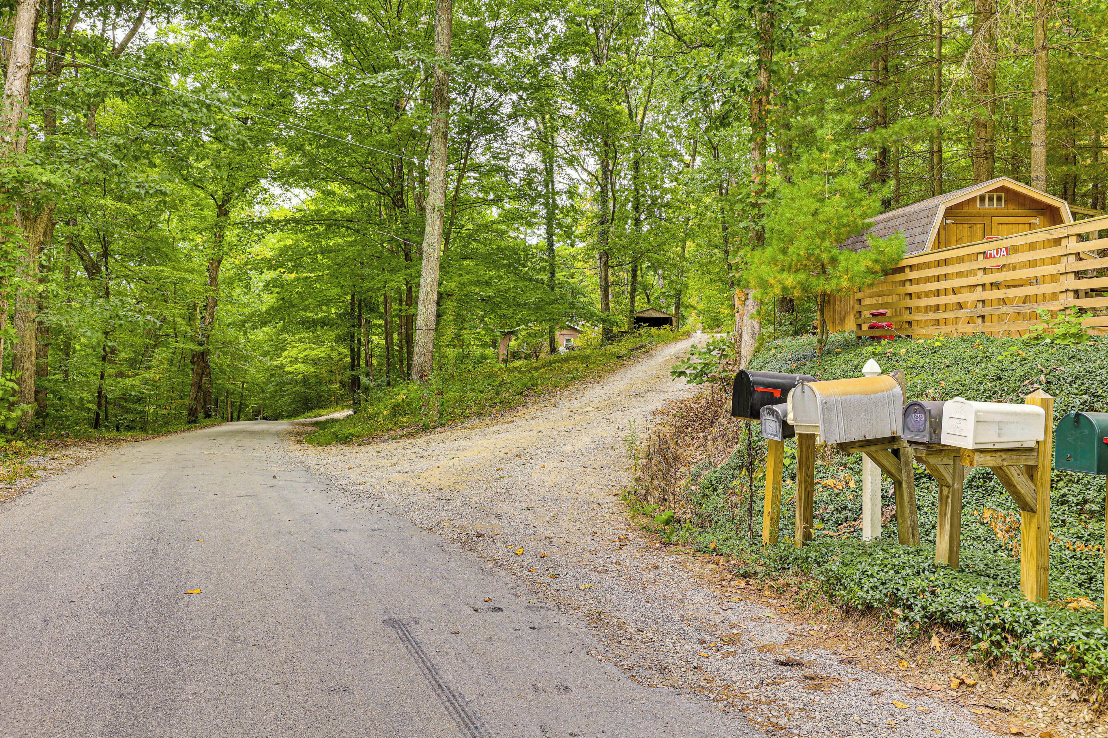 Eine Landstraße mit einem Holzhaus und einem Briefkasten auf der rechten Seite.