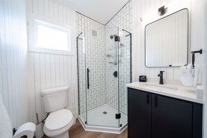 Shower, hair dryer, towels