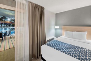 Desk, laptop workspace, blackout curtains, free WiFi