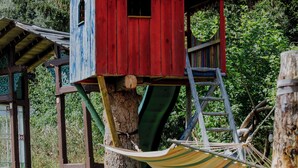 A treehouse with a red and blue exterior, a ladder, and a hammock. - Vacation apartment Linda (Ilmenau)
