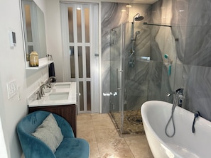 Hair dryer, towels, soap, shampoo