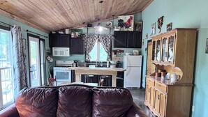 A cozy living room with a leather sofa, a wooden dining table, and a kitchen area with cabinets and appliances.
