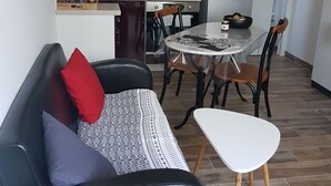 A compact living space with a kitchenette, a dining area, and a seating area with a sofa and chairs.