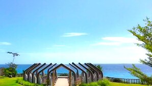 A pathway leading to a wooden structure with a view of the ocean.