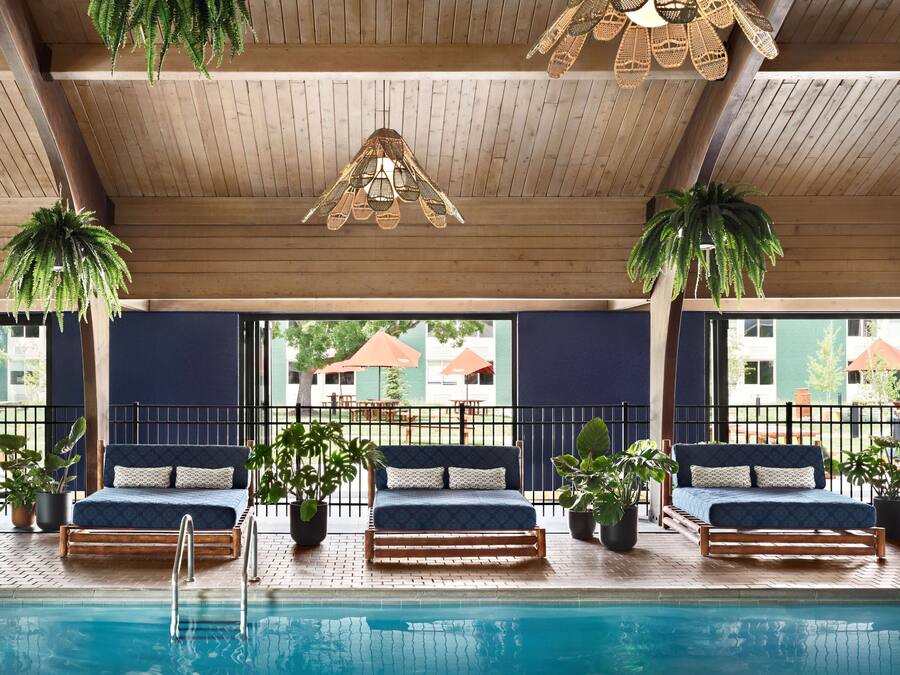 A poolside area with lounge chairs, potted plants, and a wooden ceiling.