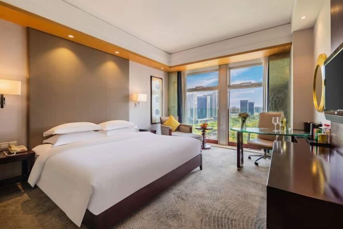 A hotel room with a large bed, a desk, a chair, a TV, and a view of the city.