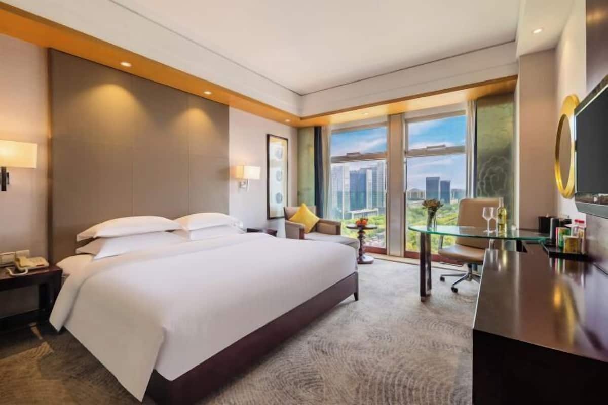 A hotel room with a large bed, a desk, a chair, a TV, and a view of the city.