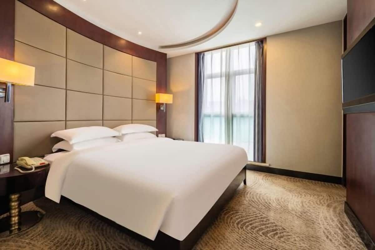 A hotel room with a large bed, a bedside table with a lamp, a phone, and a view of the outdoors through a window.