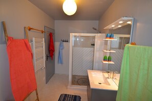 Shower, hair dryer, towels