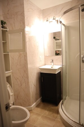 Hair dryer, towels, soap, toilet paper