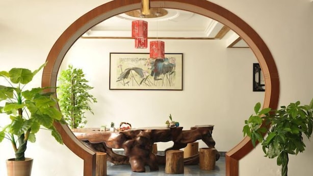 Un comedor con una mesa y sillas de madera, rodeado de plantas en macetas.
