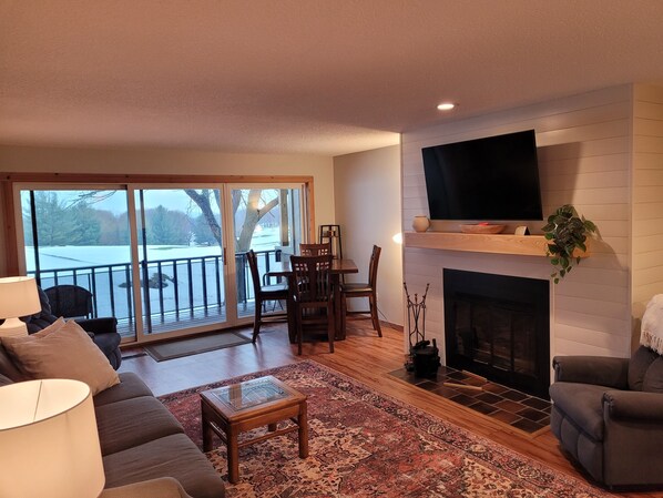 Smart TV, fireplace, books