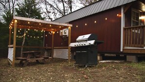 Un espace extérieur aménagé en terrasse, avec une pergola en bois, des guirlandes lumineuses, un barbecue et une table de pique-nique.